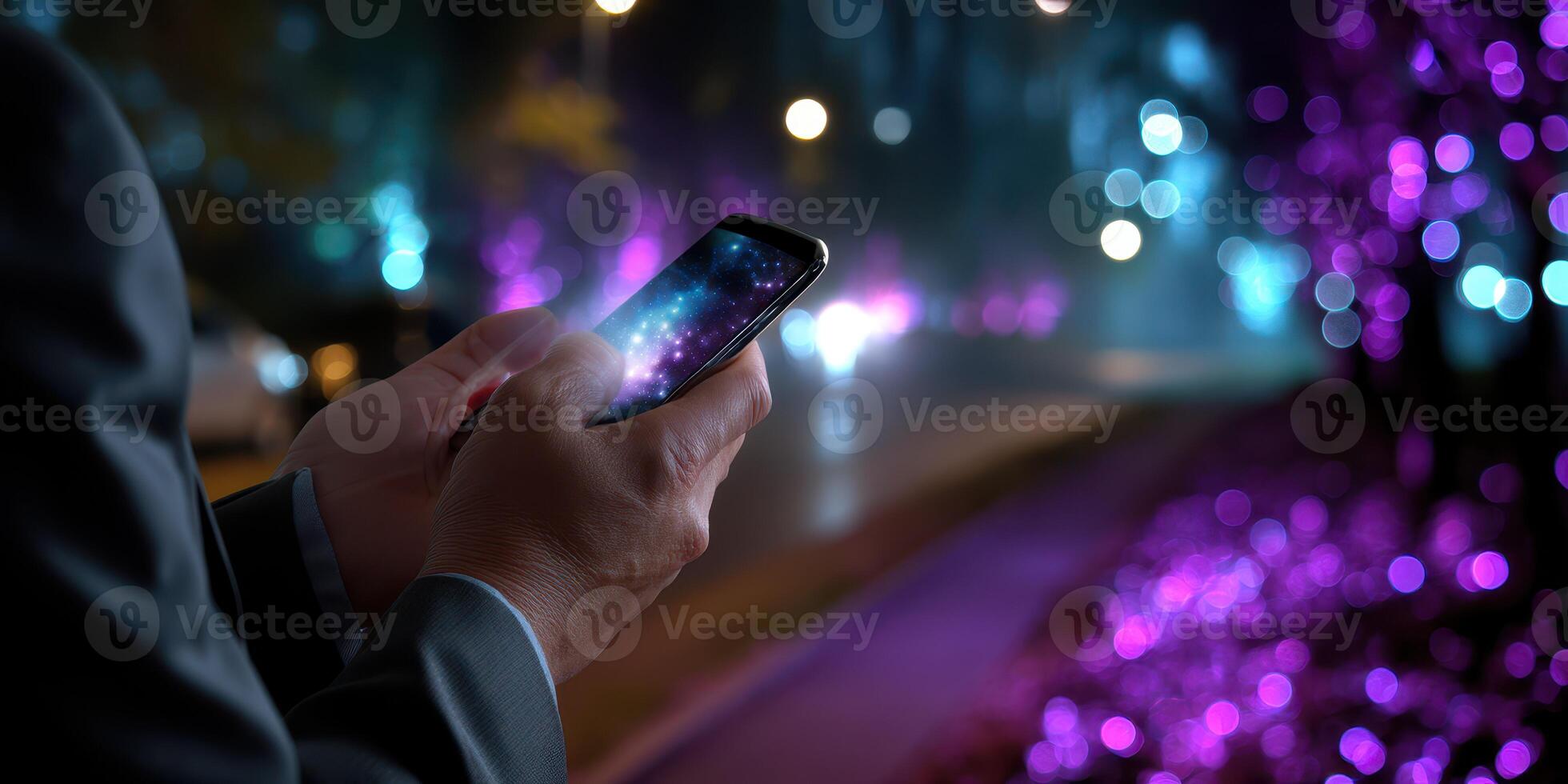 Man using smartphone in vibrant night setting with colorful lights and blurred background photo
