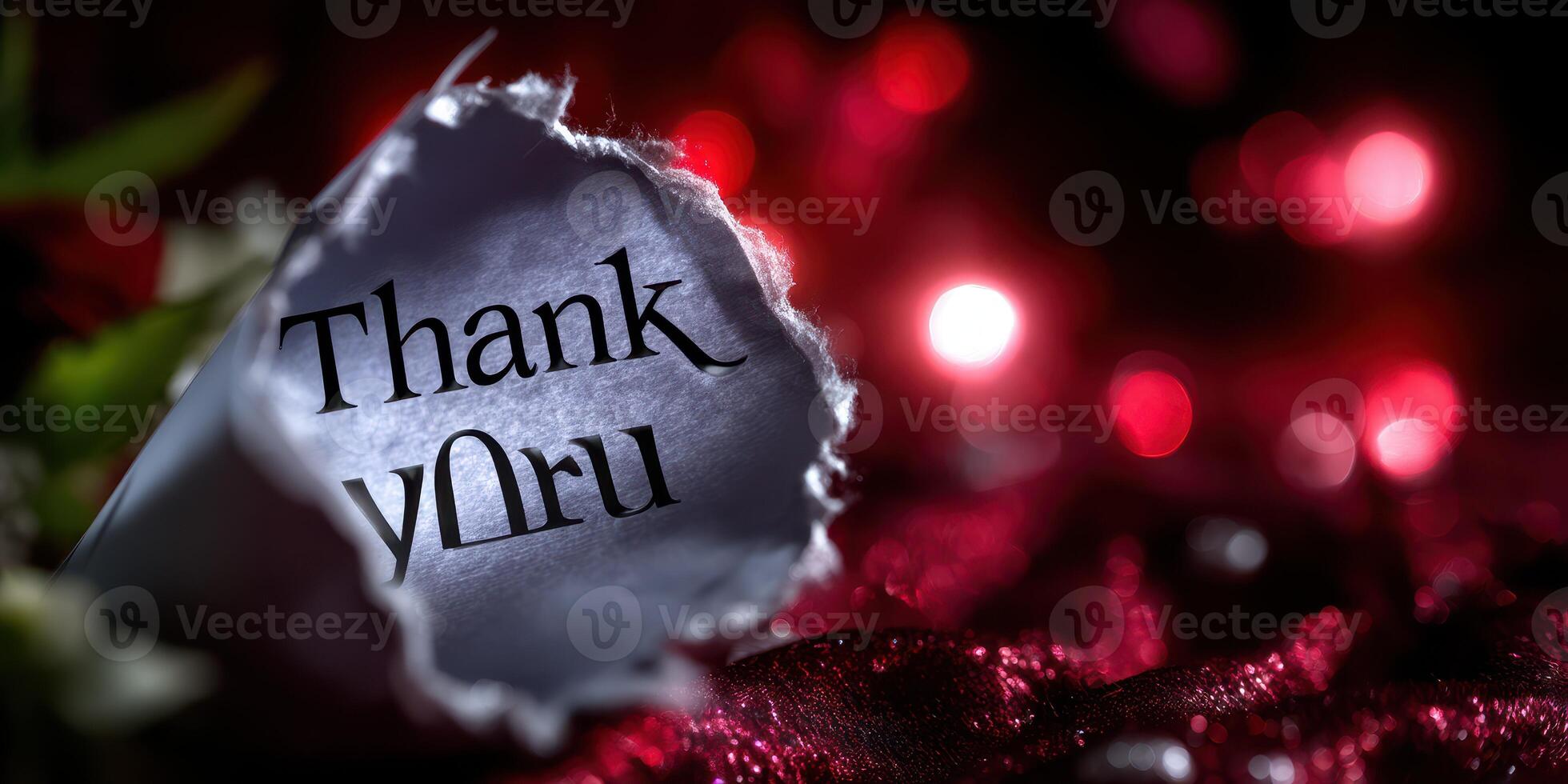 Thank you note on torn paper with blurred red background lights creating a warm atmosphere photo