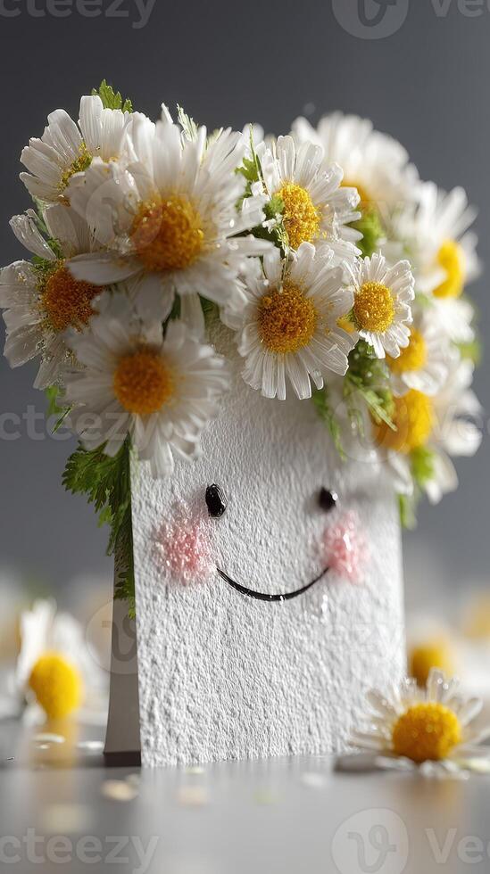 Fun floral arrangement featuring cheerful smiling face with daisies atop a decorative card photo