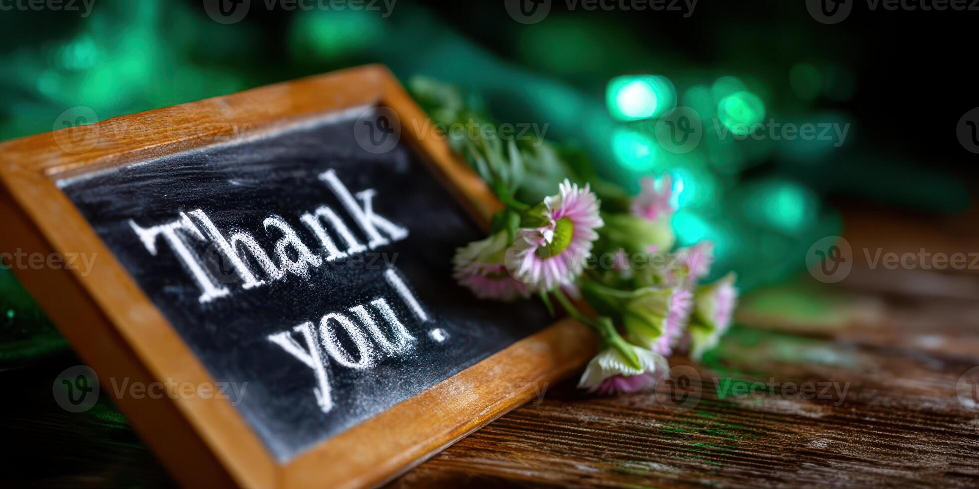 Small chalkboard with thank you message and flowers in a cozy setting during evening photo