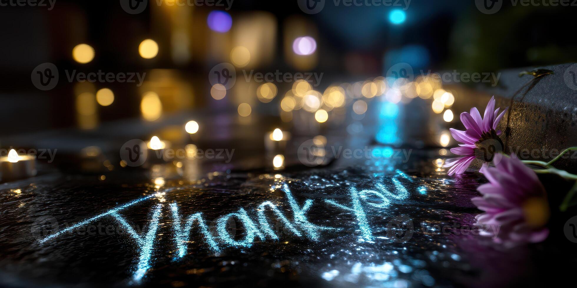 Thank you written in glowing script on a wet surface surrounded by candles and flowers during nighttime photo