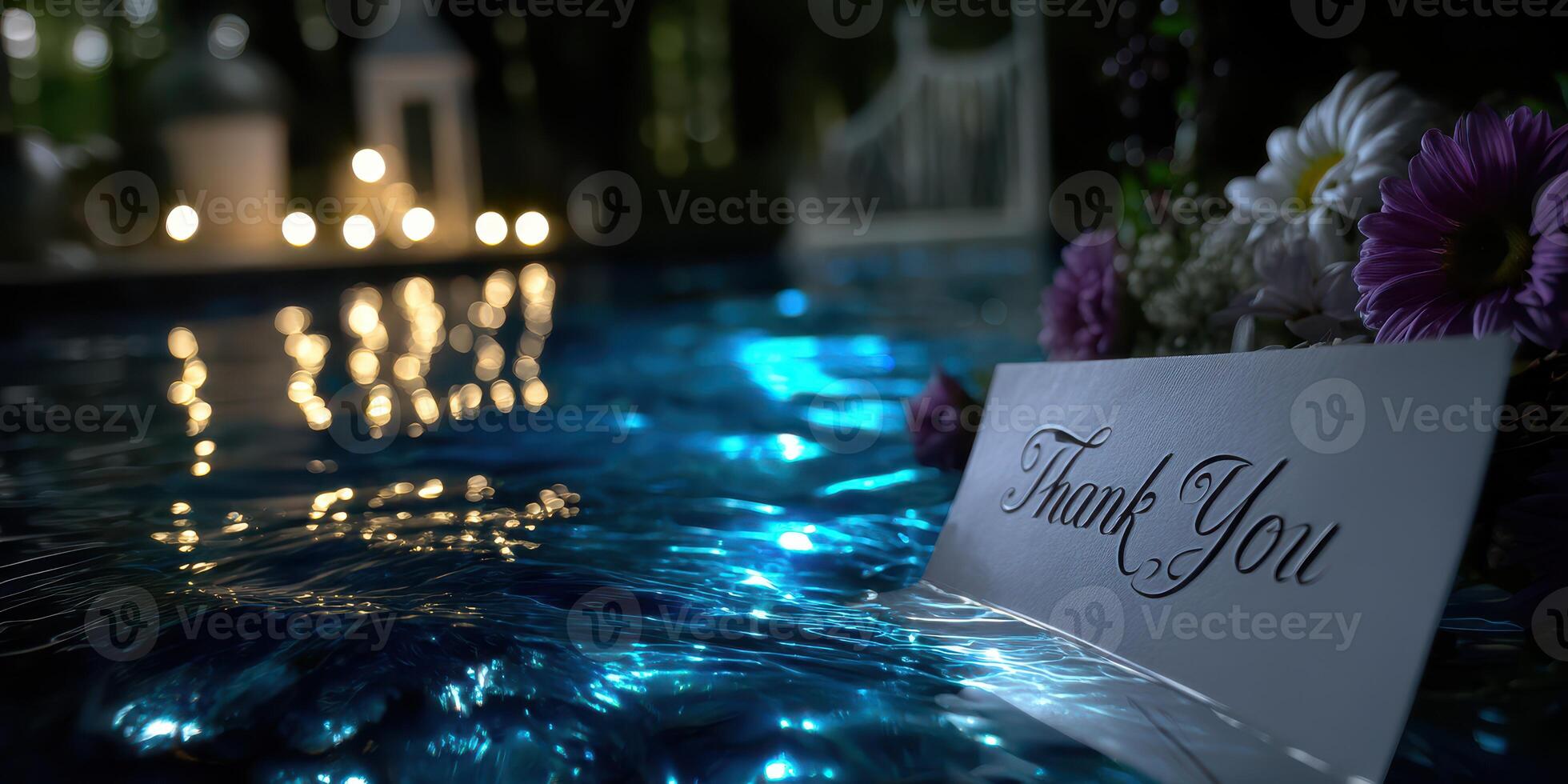Thank you card floating in a serene pool illuminated by candles at night photo