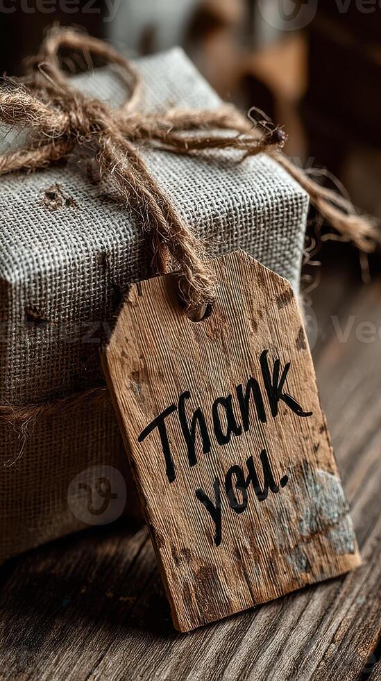 Thoughtful gift with rustic tag expressing gratitude placed on wooden surface for a special occasion photo