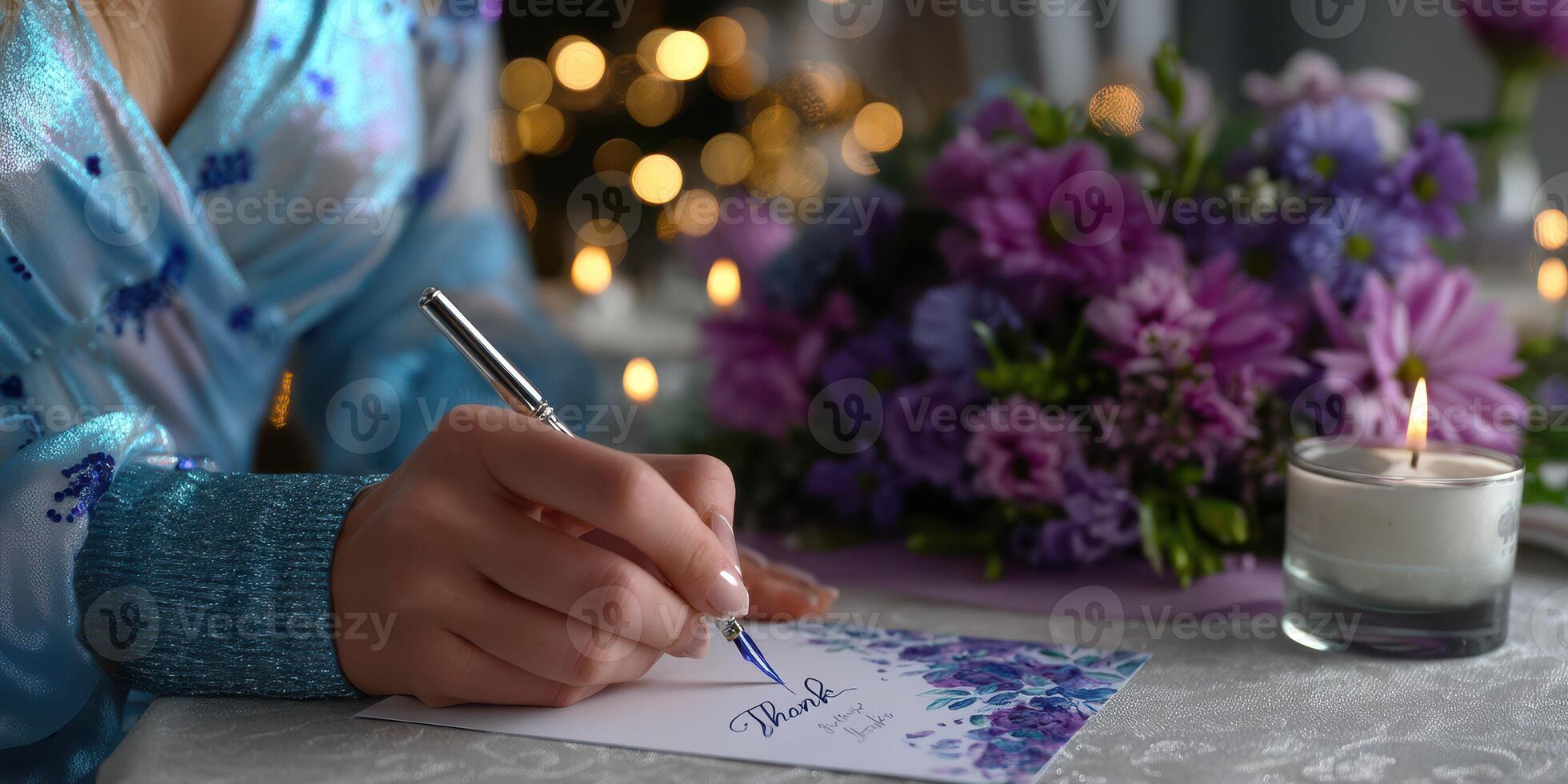 Writing a thank you note with a flower bouquet and candle at a cozy indoor setting during a festive evening photo