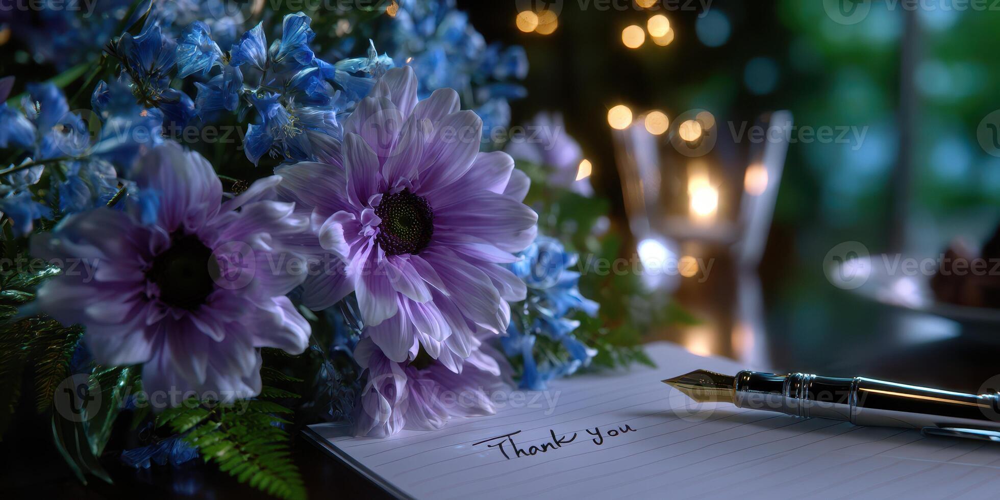 Elegant stationery with flowers and a fountain pen on a table at night, creating a serene atmosphere for gratitude photo