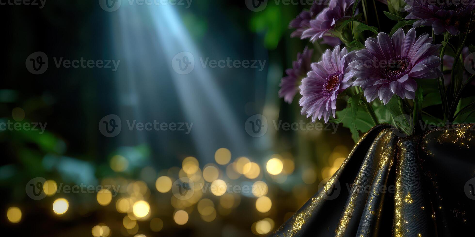 Beautiful purple flowers under soft light with twinkling background decorations in a serene indoor setting photo