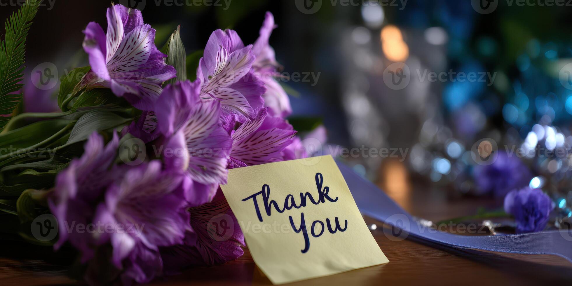 Colorful flowers and a thank you note enhance the warm atmosphere for a special occasion photo