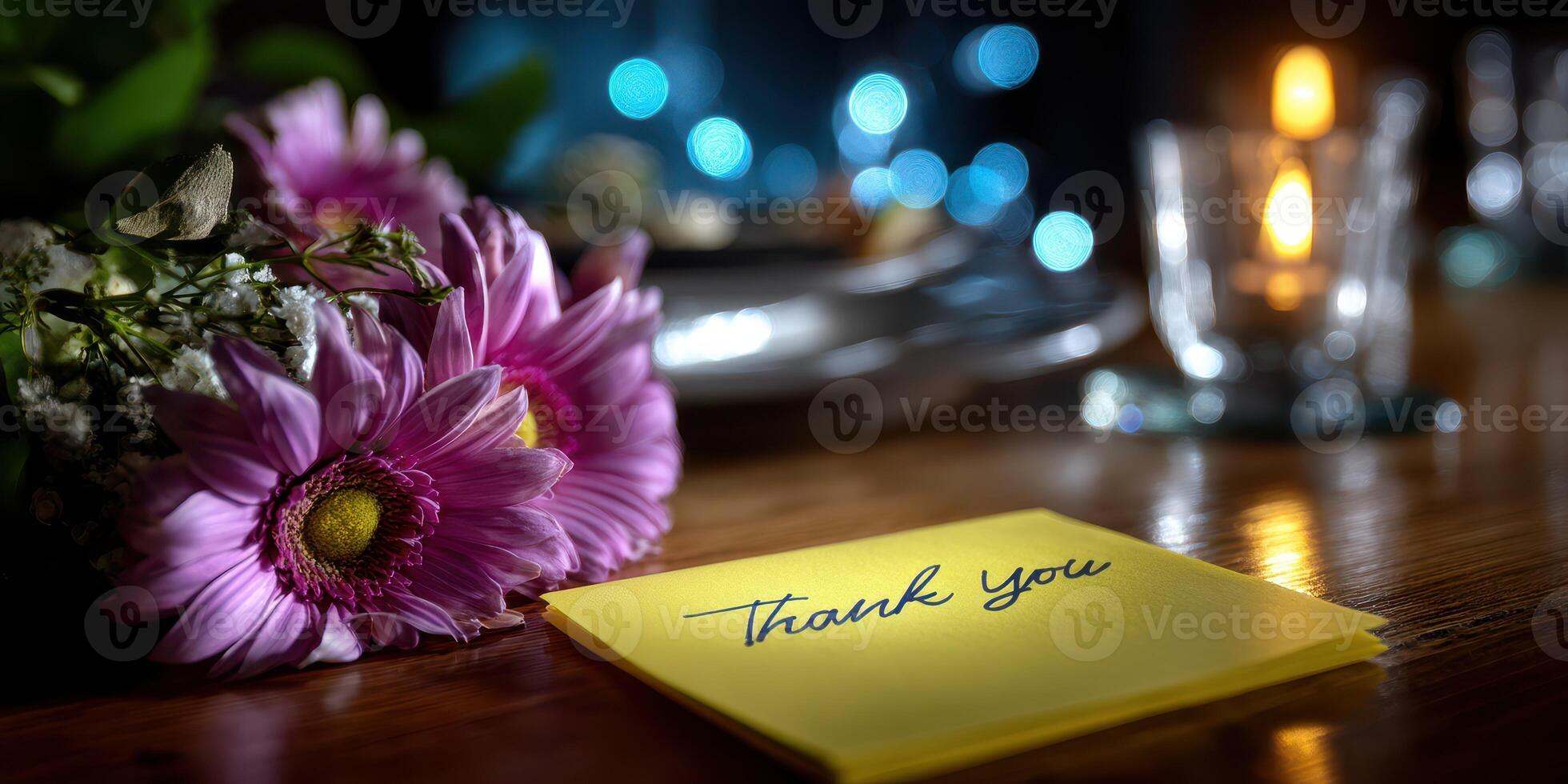 Colorful flowers and a thank you note create a warm and inviting atmosphere for a dinner gathering at night photo