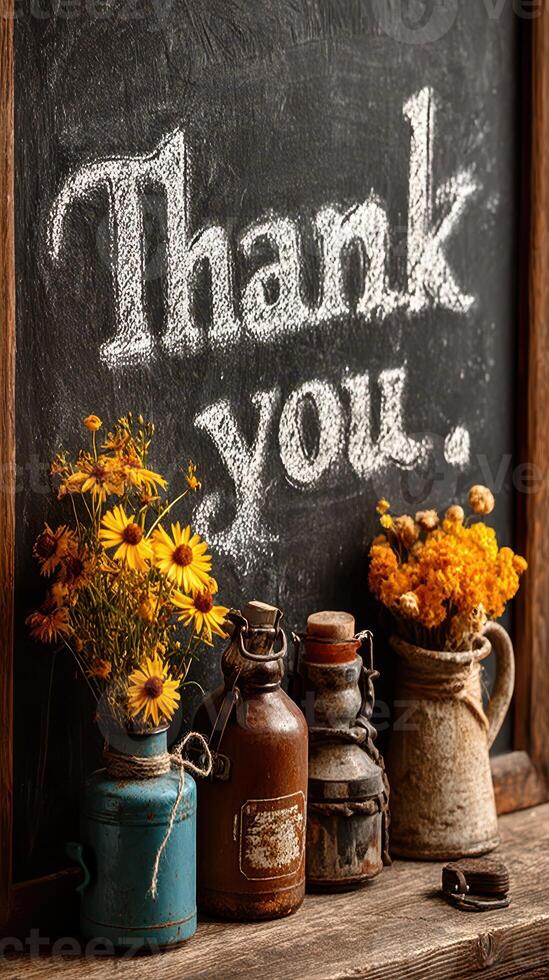 Vintage decor featuring a thank you message with flowers and bottles in a cozy setting photo