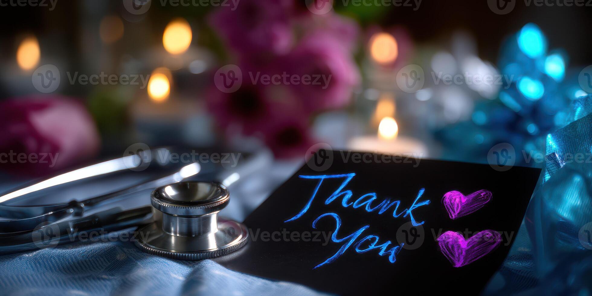 Thank you card with stethoscope and candles in a dimly lit setting after a healthcare celebration photo