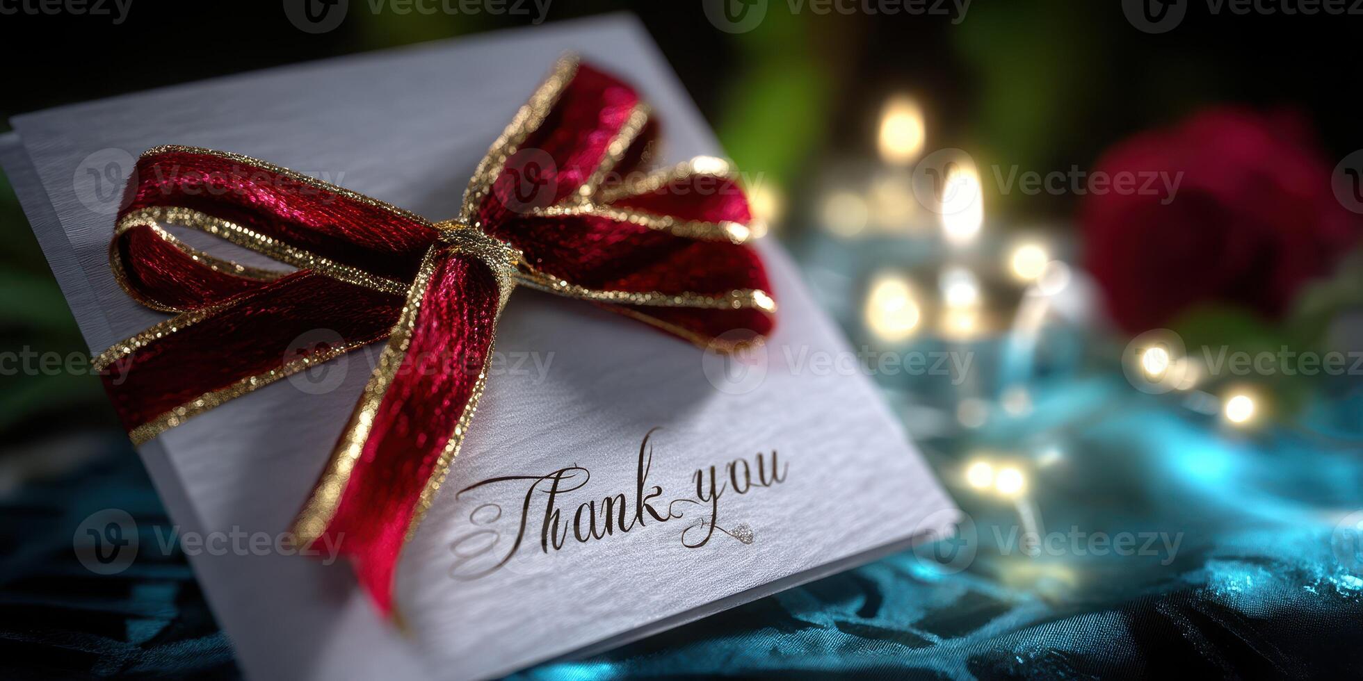Elegant thank you card adorned with a red ribbon and surrounded by candles and flowers in a romantic setting photo