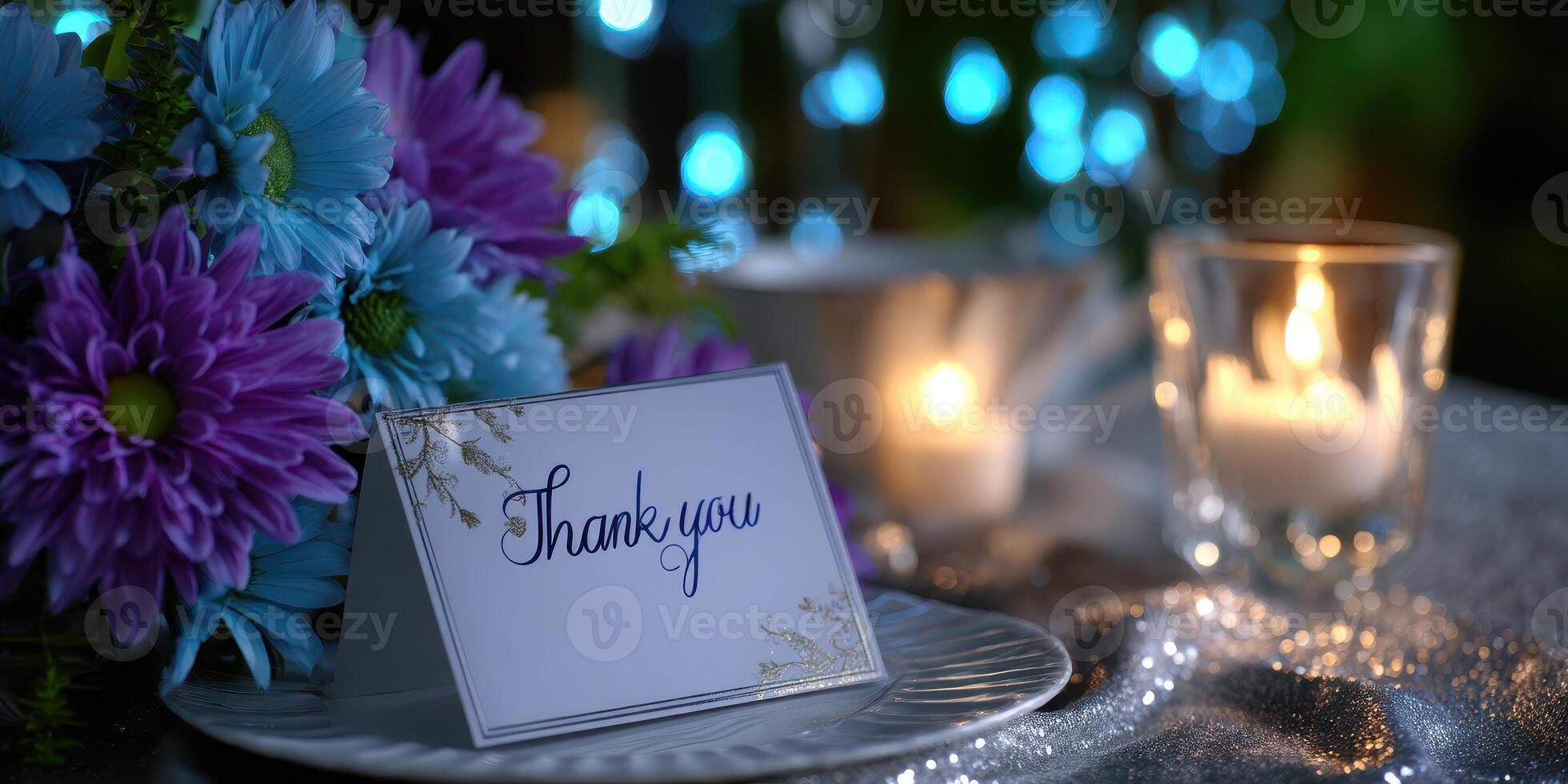 Elegant thank you card decorated with flowers and candles at a joyful evening gathering in a garden setting photo