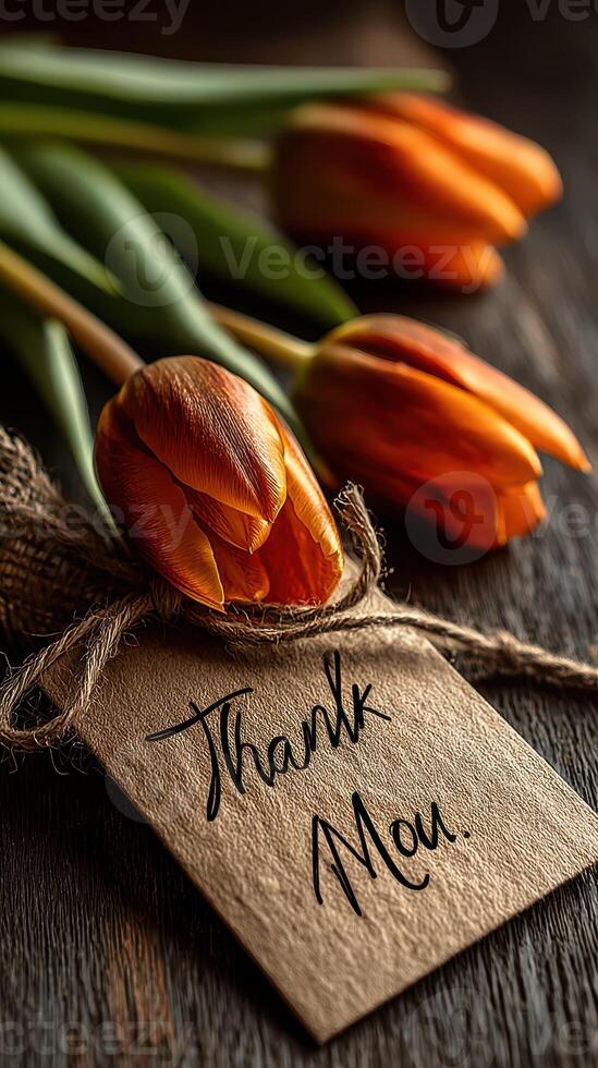 Bouquet of orange tulips with a thank you tag captured in warm natural light photo