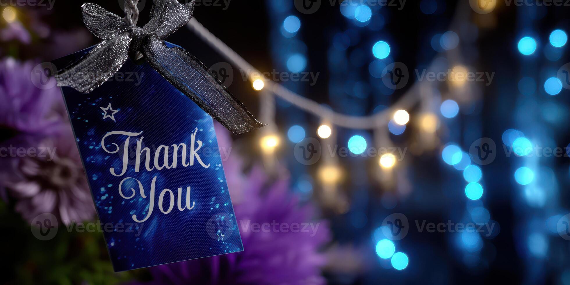 Thank you card with purple flowers and sparkling string lights at a celebration in night setting photo