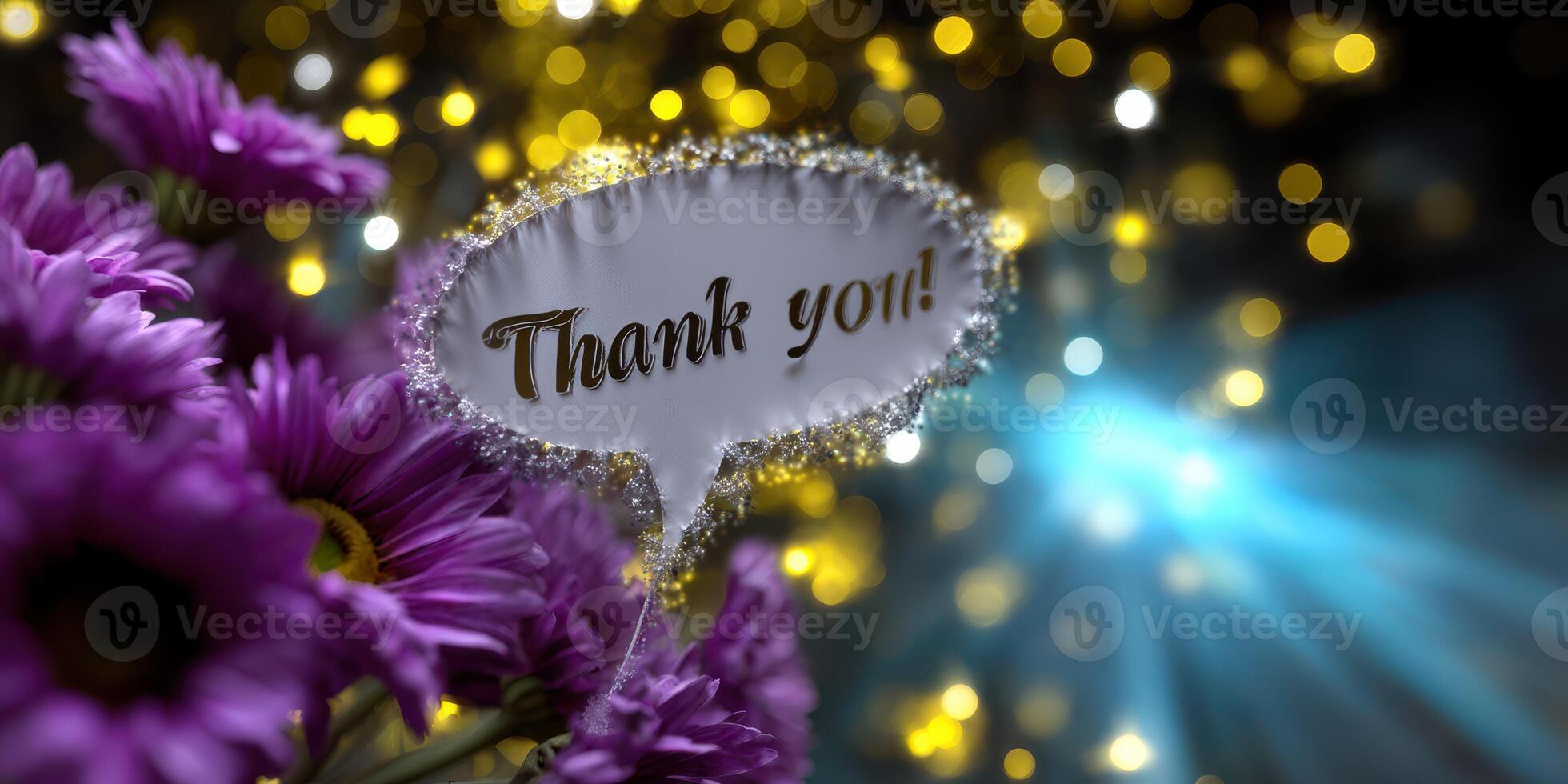 Vibrant thank you message surrounded by purple flowers and shimmering lights in a festive atmosphere photo