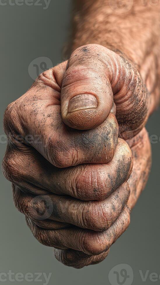 Close-up of a clenched, dirty hand showcasing strength and resilience in a textured surface against a neutral background photo