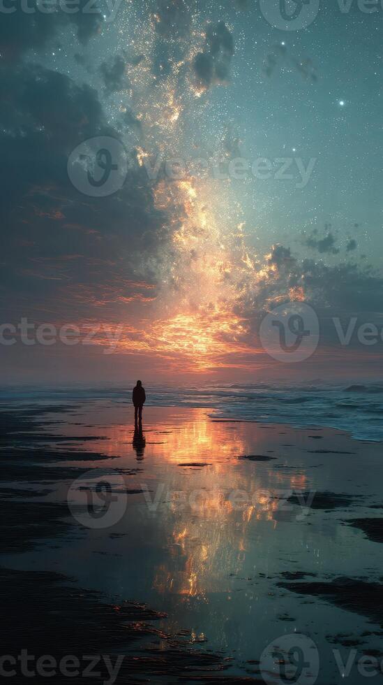 Stunning sunset at the beach with a lone figure reflecting on the water's surface under a starry sky photo