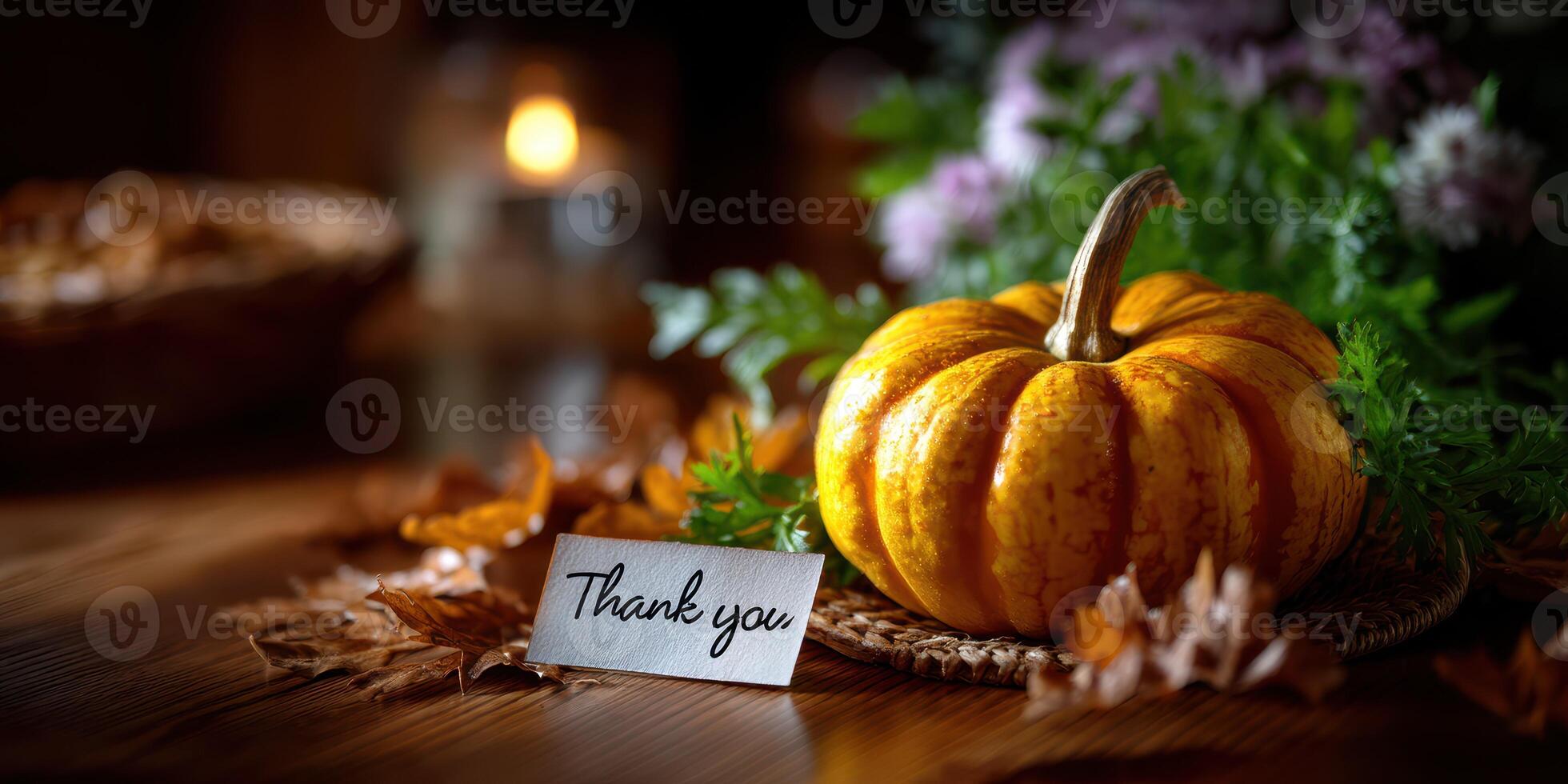 Autumn decor featuring a pumpkin with a handwritten thank you note on a rustic wooden table photo