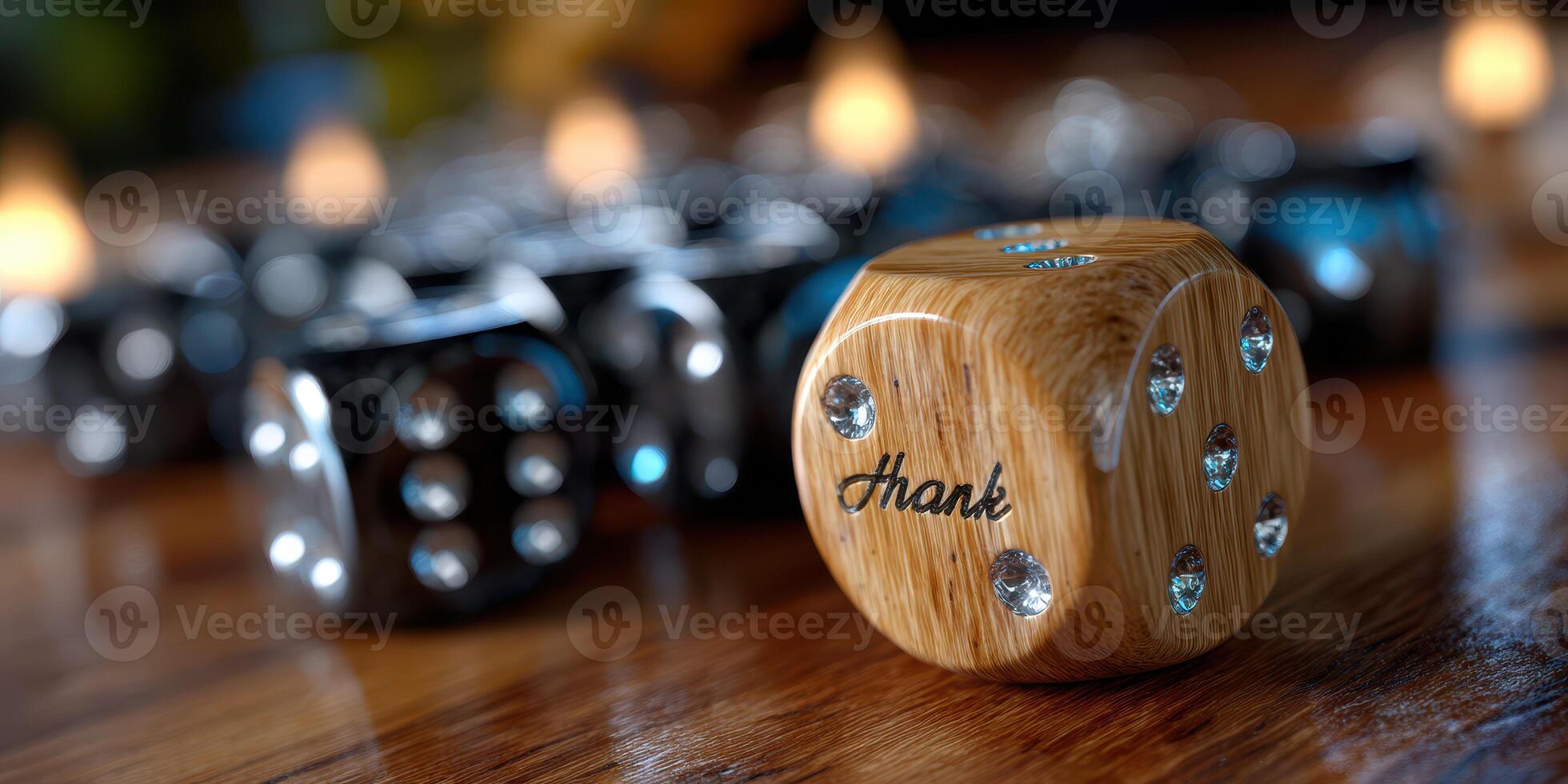 Elegant wooden dice with gem embellishments scattered on a table during a cozy game night photo