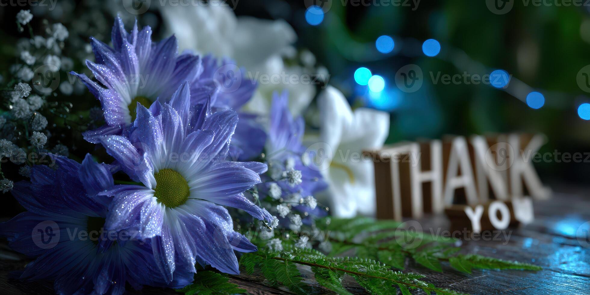 Flowers and wooden thank you sign arranged beautifully for a heartfelt gesture in a soft-lit setting photo