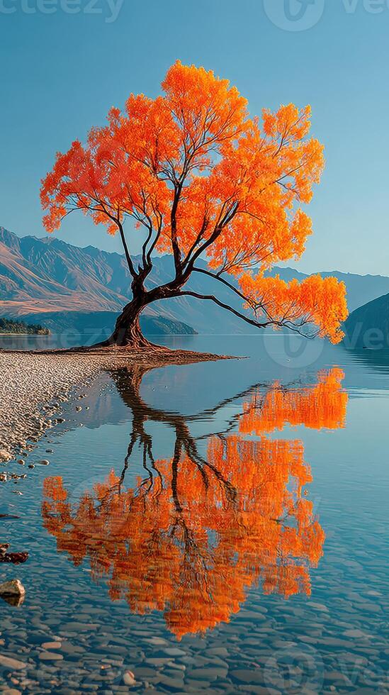 Vibrant autumn tree reflects in tranquil lake with mountain backdrop during bright daytime photo