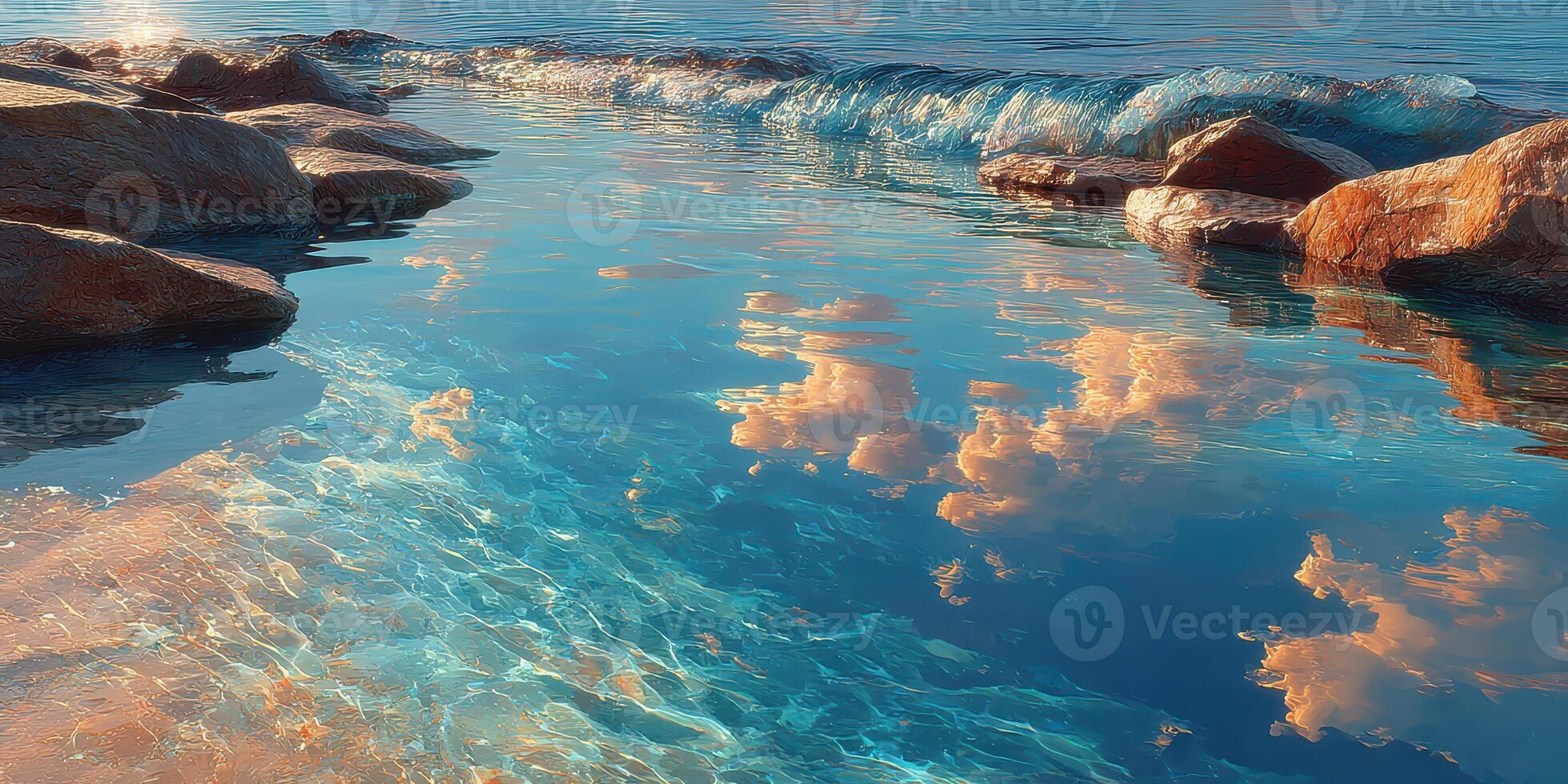Serene coastal landscape reflecting clouds and sunlight on calm water at sunset near rocky shore photo