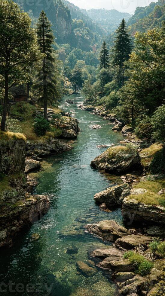Serene river flowing through a lush green valley under soft morning light photo