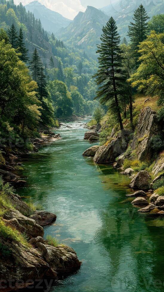 Serene river flows through lush mountains under a clear sky in a tranquil natural setting photo