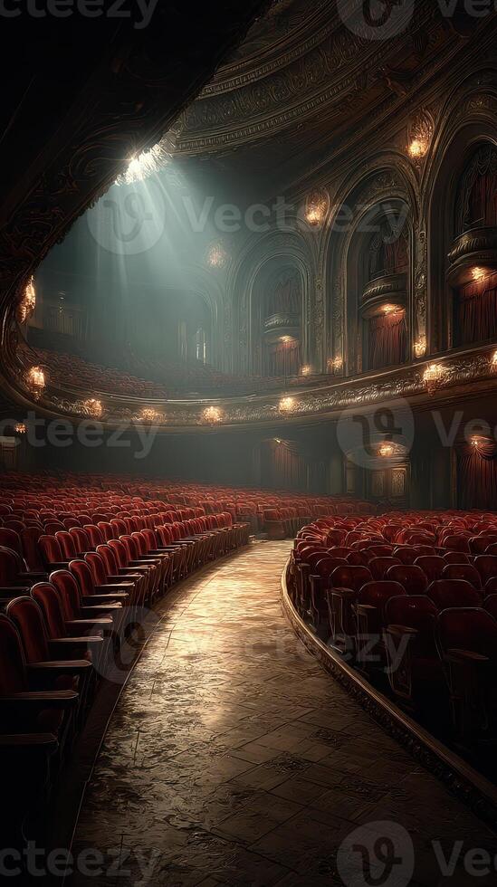 Elegant velvet seats line the curved rows of a historic theater illuminated by soft beams of light photo
