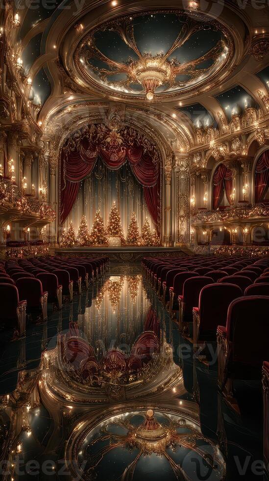 Elegant theater decorated for a holiday performance featuring shimmering lights and festive trees in a classic setting photo