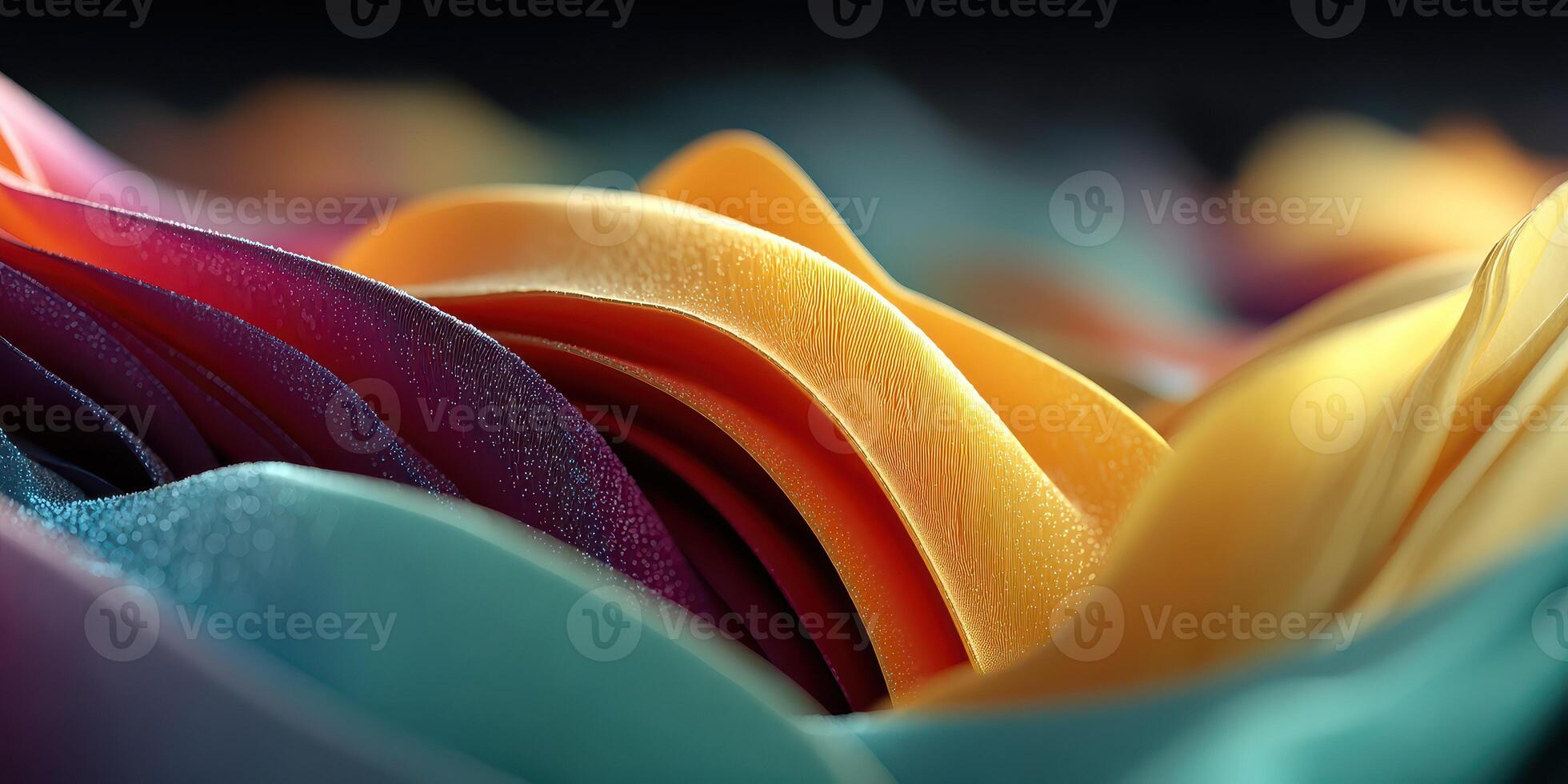Colorful ribbons of fabric flowing gracefully in a soft motion, showcasing a blend of textures and hues in an abstract display photo