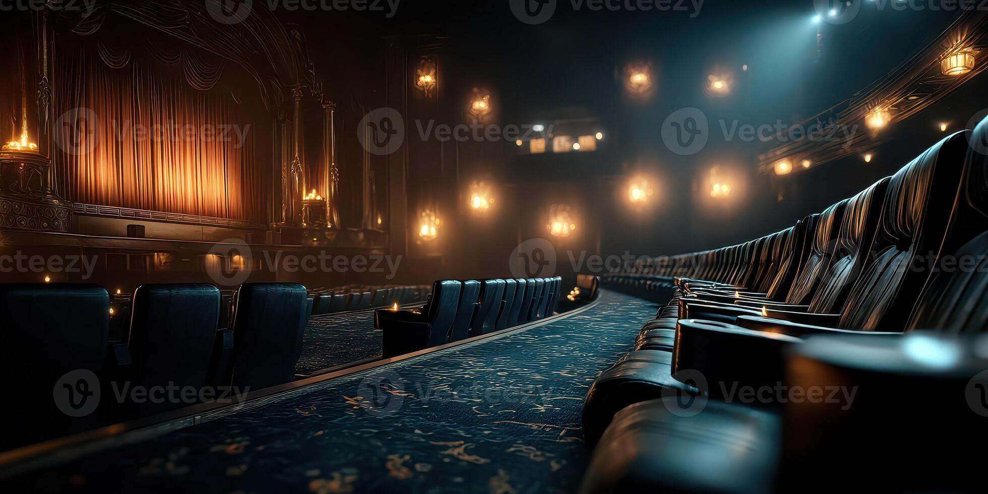 Elegant interior of a vintage theater showcasing ornate design and plush seating during a dimly lit performance photo