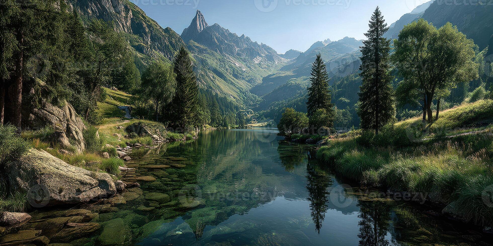 Majestic mountain landscape reflecting on calm lake with vibrant greenery under clear sky photo