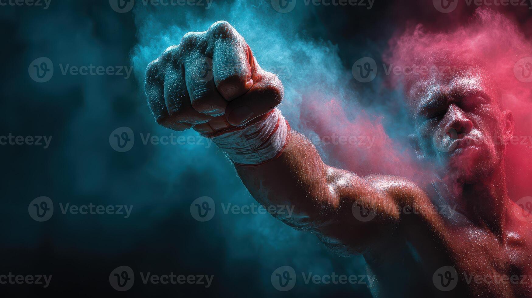 Boxer delivering a powerful punch during a dynamic training session with colorful smoke effects photo