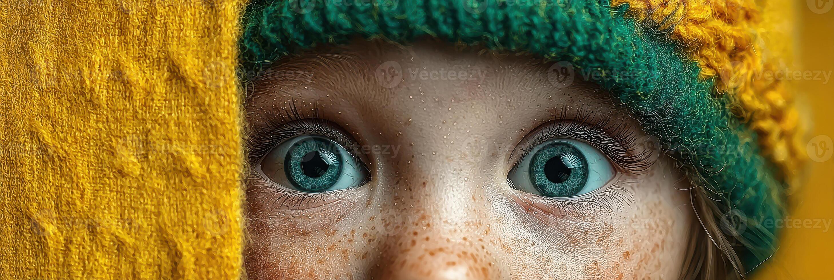 Child with striking blue eyes peeking from behind a vibrant yellow wall wearing a green and yellow hat photo