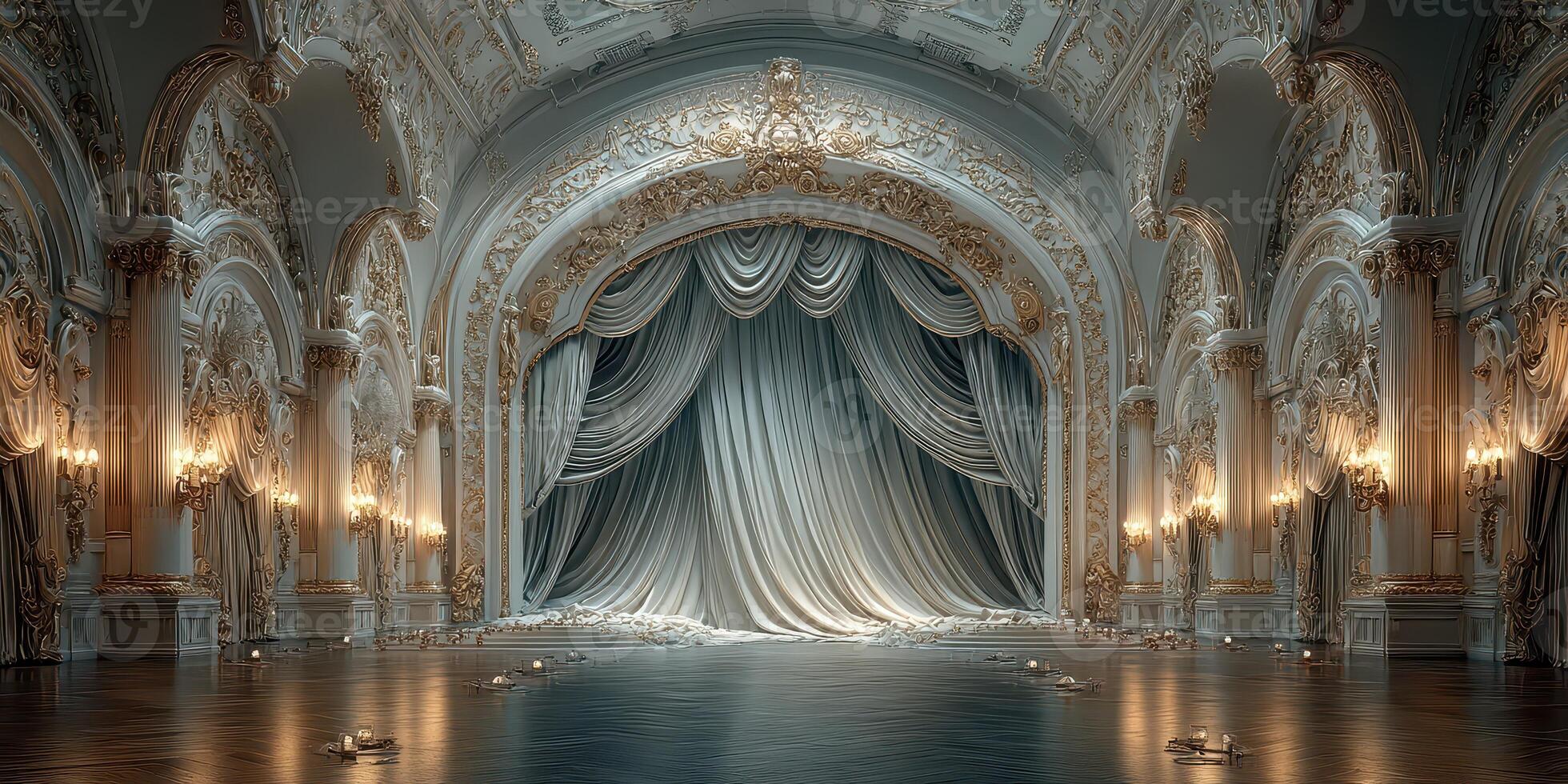 Elegant theater stage with ornate decorations and soft lighting creates a dramatic ambiance for performances photo