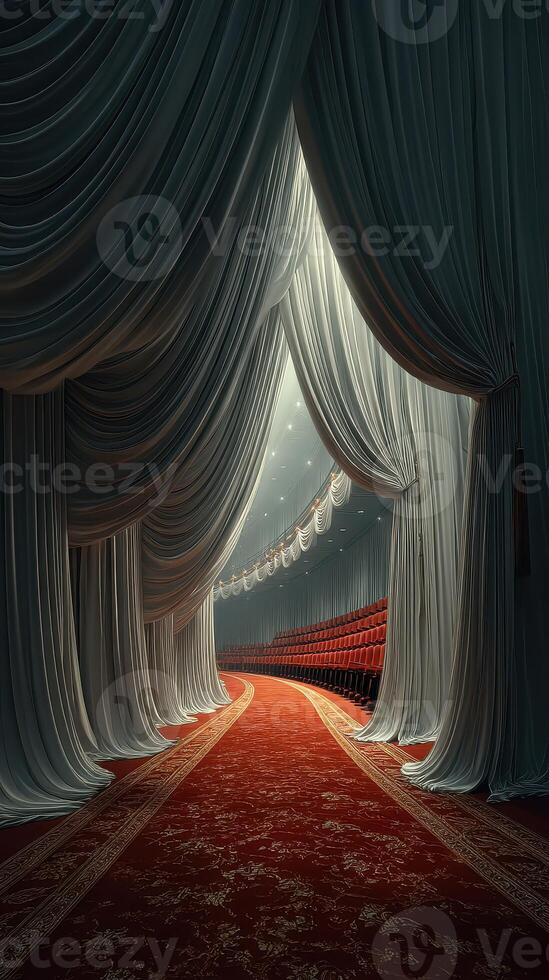 Dramatic curtains frame a grand stage awaiting performers in an elegant theater setting photo