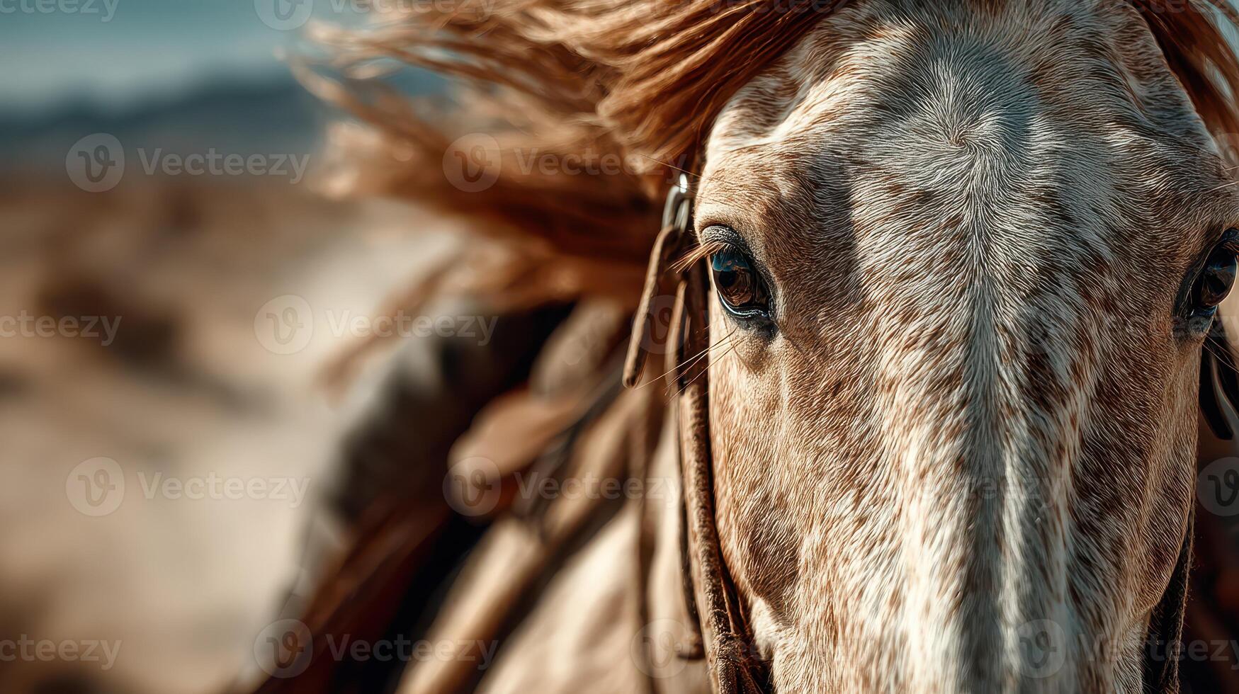 Close-up of a horse running in the desert with flowing mane against a majestic landscape during sunset photo