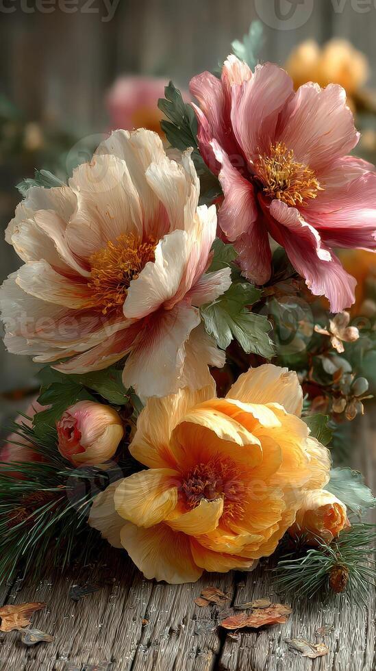 Vibrant bouquet of peonies arranged elegantly on a rustic wooden surface during sunny daylight photo