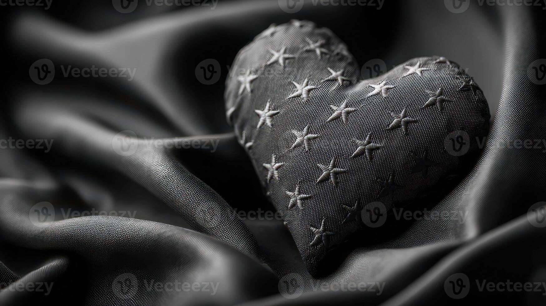 Decorative heart shape on dark fabric with star patterns creates an elegant display in soft, shadowy lighting photo