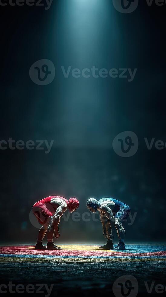 Intense wrestling match takes place in a dimly lit arena with focused athletes ready to compete photo