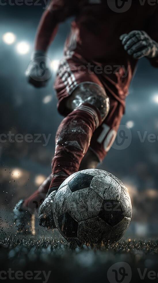 Dynamic soccer action captured during a night match under stadium lights with an athlete kicking the ball photo