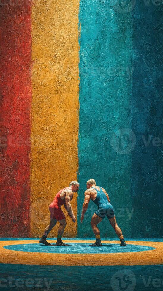 Wrestlers compete in an intense match under vibrant colored walls in a sports arena during a championship event photo