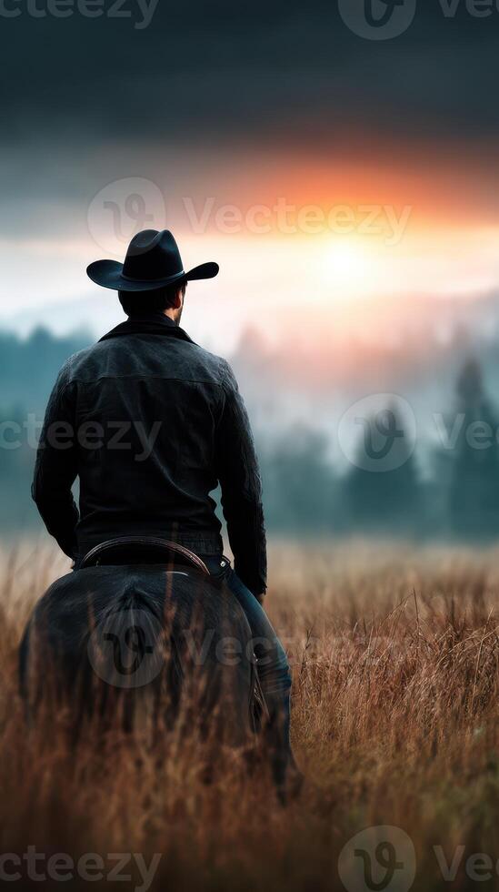 Cowboy on horseback gazes at sunset in vast field surrounded by misty trees photo