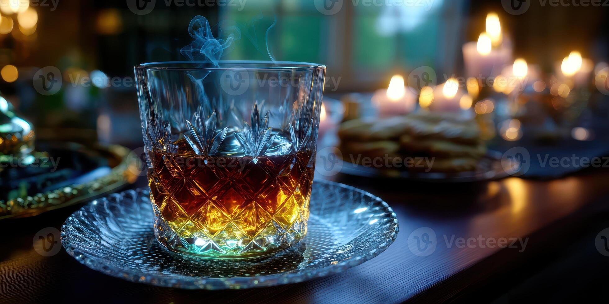Elegant glass of whiskey with smoke curling above it, set against a warm candlelit background with cookies in the distance photo