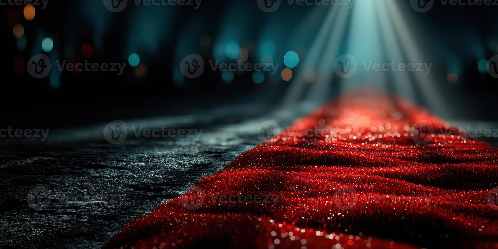 Red carpet flows through a dark venue illuminated by soft beams of light creating an atmospheric setting for an event photo
