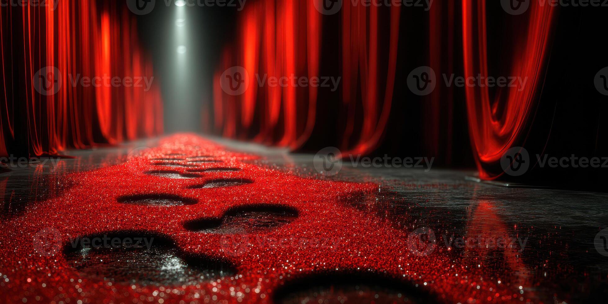 Red carpet pathway leads to bright stage with dramatic curtains and spotlight during evening event photo