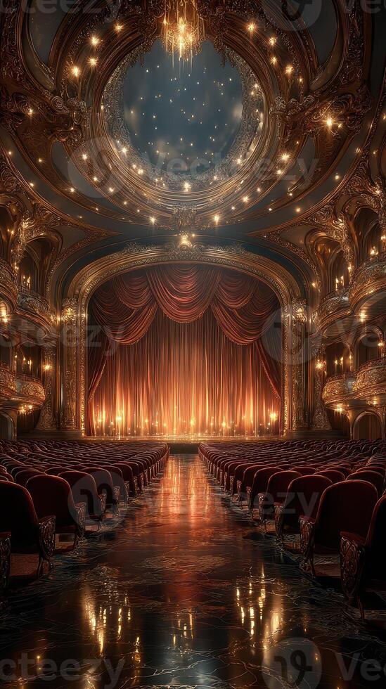Elegant theater interior with ornate design and warm lighting before a performance begins photo