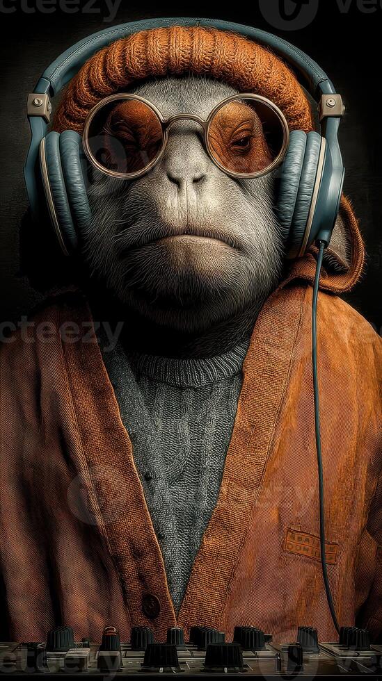 Monkey DJ wearing headphones and glasses mixes music in a cozy, dimly lit studio photo