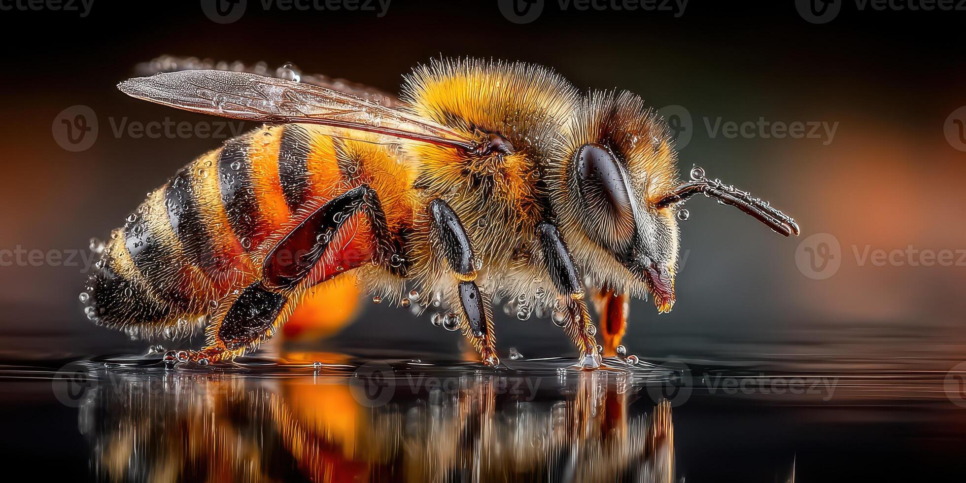 Close-up view of bee resting on water surface reflecting light in vibrant colors during sunny outdoor setting photo